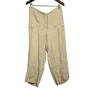 Flax Linen Pants Casual Lounge Women Size S Beach Relax Beige Elastic Tie Boho